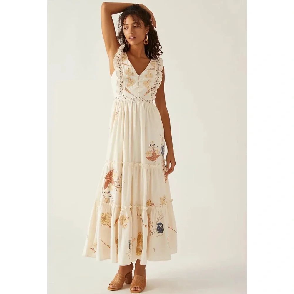 Anthropologie Allison New York V-Neck Embroidered Maxi Dress